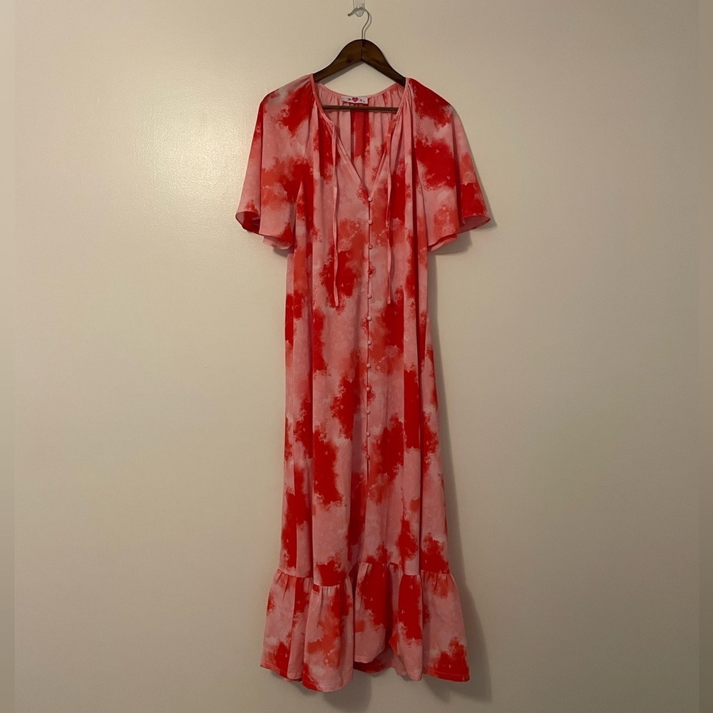 Buddy Love Red and Pink Artsy Flutter Sleeve Button Front Maxi Dress